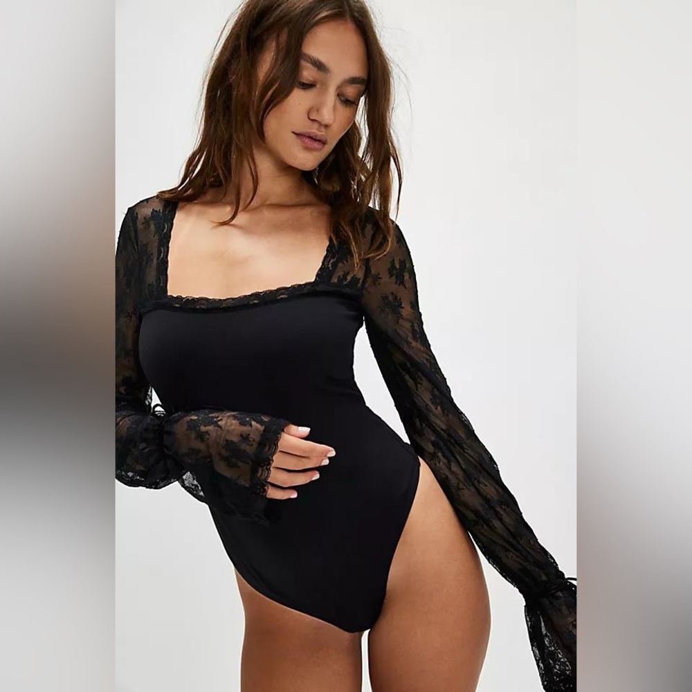 Free People black lace bodysuit with bell sleeves